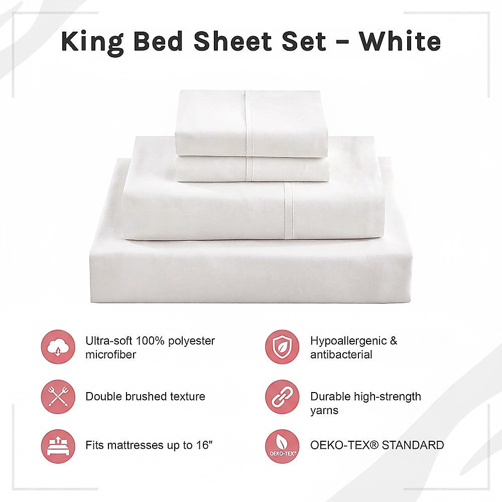 King Bed Sheet Set - 1800 Series Microfiber, Deep Pocket, Soft & Breathable, White V63-953251
