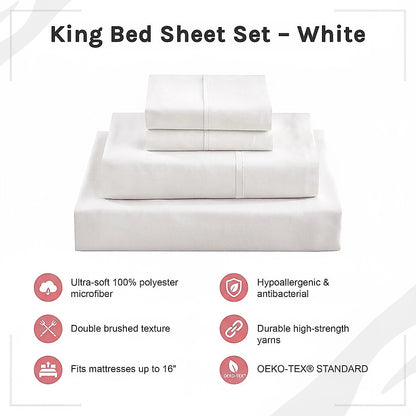 King Bed Sheet Set - 1800 Series Microfiber, Deep Pocket, Soft & Breathable, White V63-953251