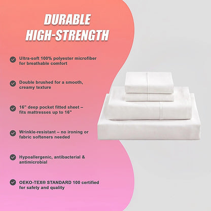 King Bed Sheet Set - 1800 Series Microfiber, Deep Pocket, Soft & Breathable, White V63-953251