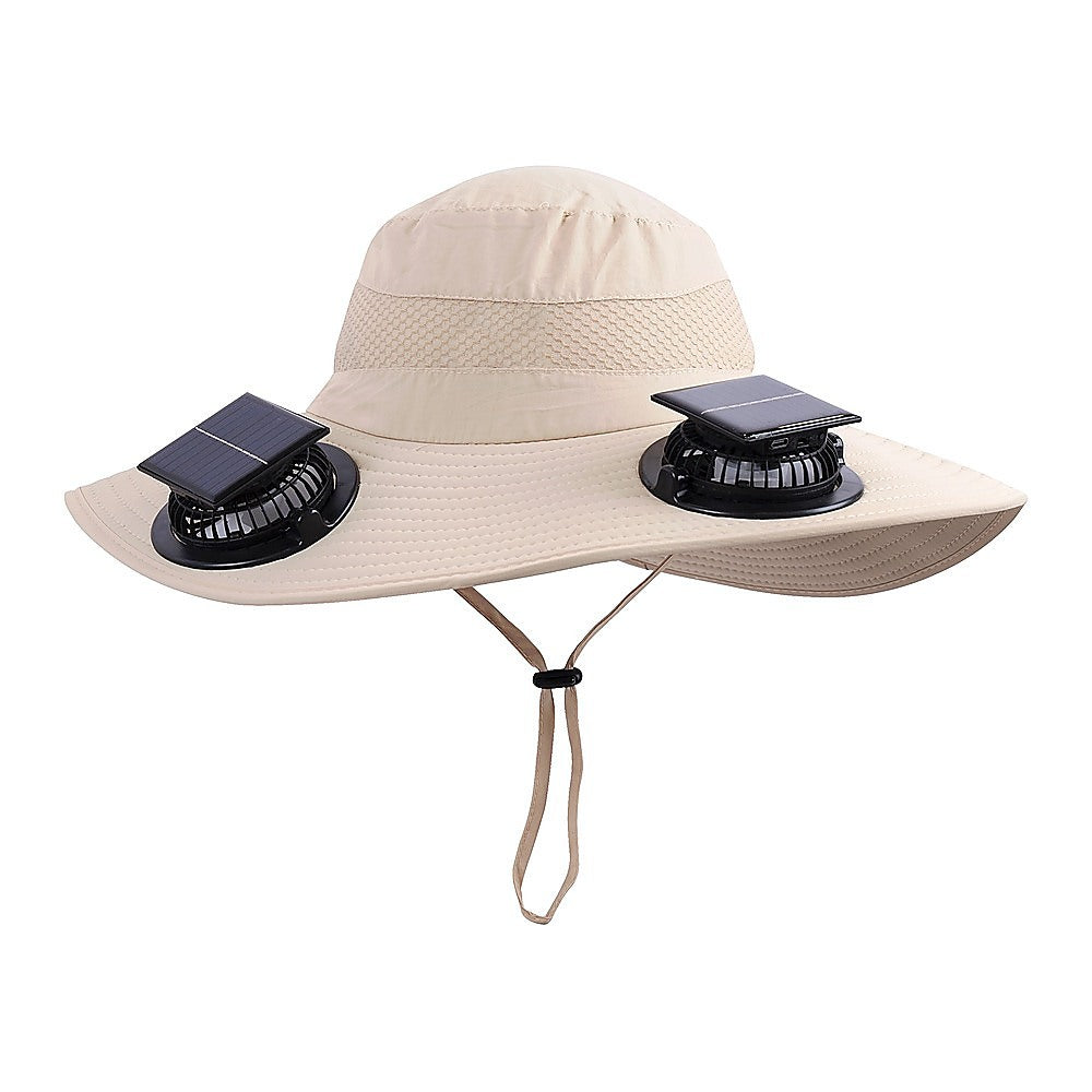 Solar & USB Powered Cooling Hat with Dual Fan - Khaki Outdoor Sun Hat V63-953261