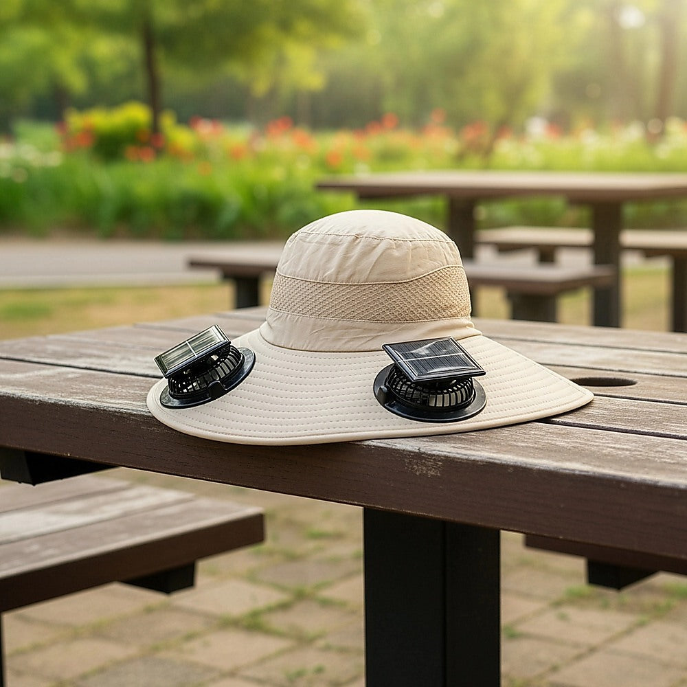 Solar & USB Powered Cooling Hat with Dual Fan - Khaki Outdoor Sun Hat V63-953261