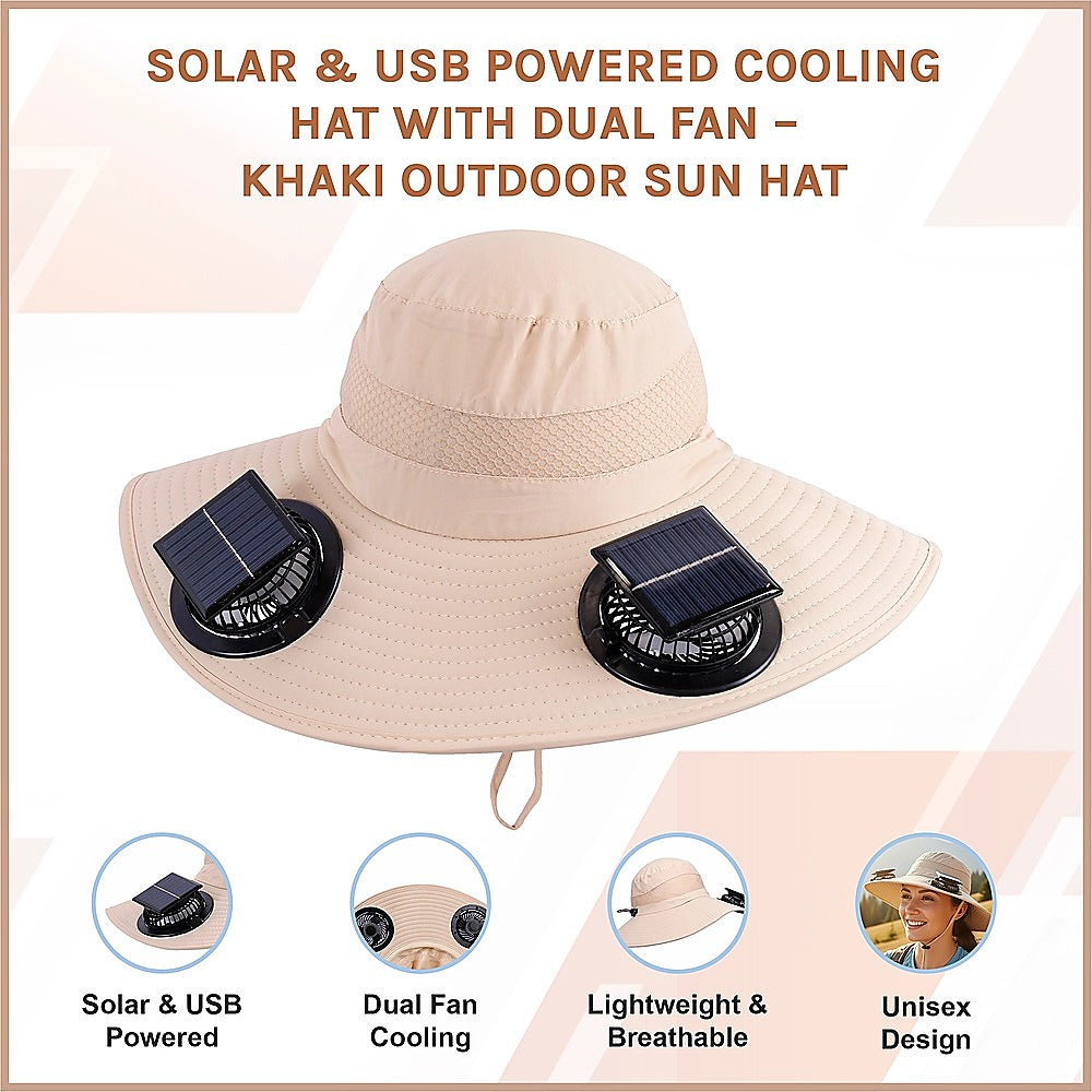 Solar & USB Powered Cooling Hat with Dual Fan - Khaki Outdoor Sun Hat V63-953261