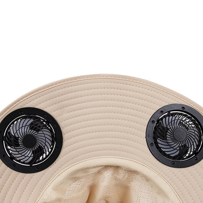 Solar & USB Powered Cooling Hat with Dual Fan - Khaki Outdoor Sun Hat V63-953261