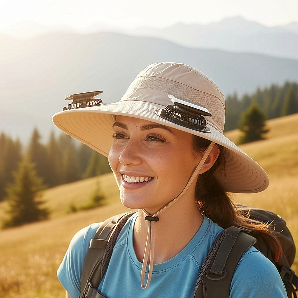 Solar & USB Powered Cooling Hat with Dual Fan - Khaki Outdoor Sun Hat V63-953261