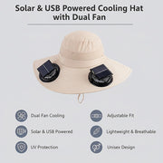 Solar & USB Powered Cooling Hat with Dual Fan - Khaki Outdoor Sun Hat V63-953261