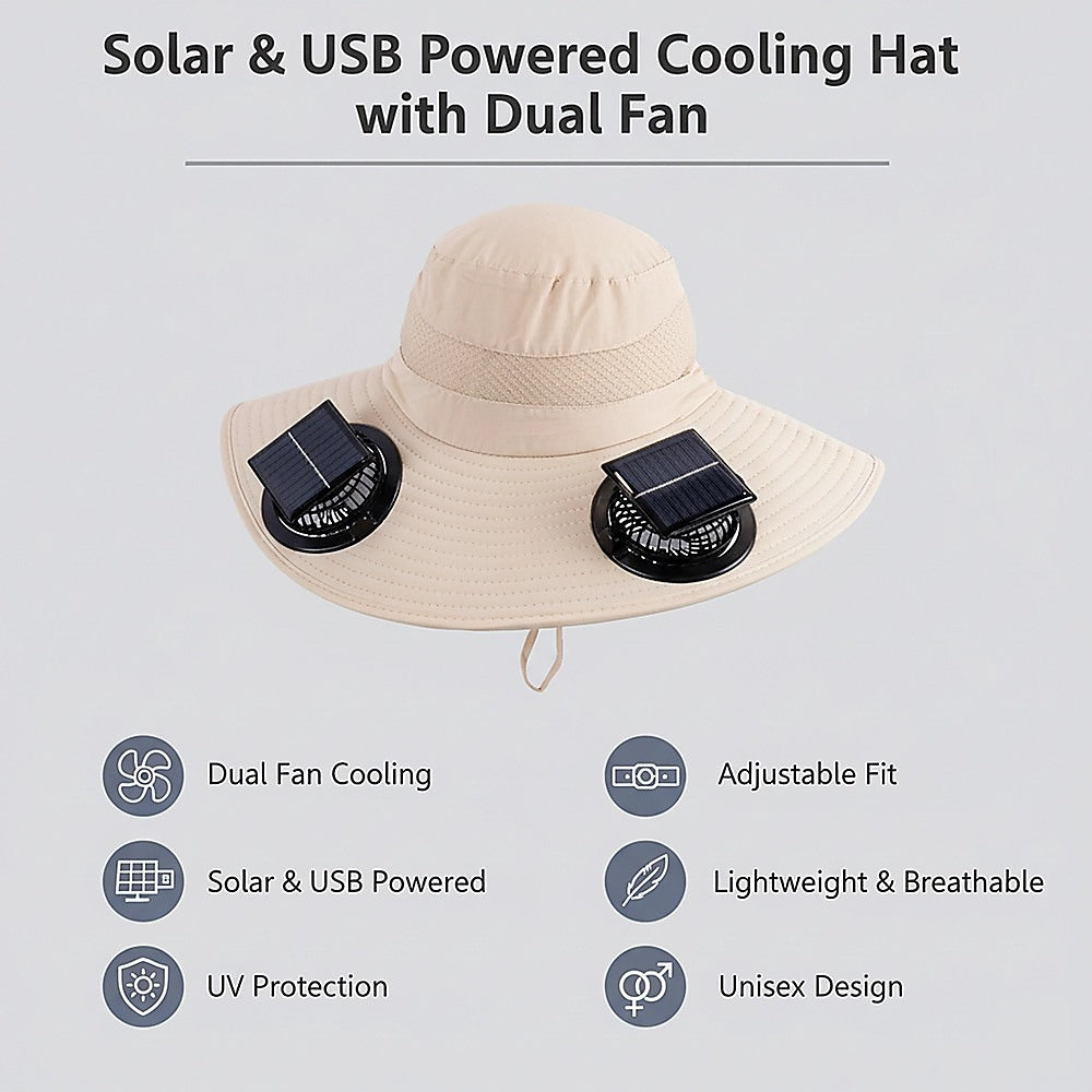 Solar & USB Powered Cooling Hat with Dual Fan - Khaki Outdoor Sun Hat V63-953261