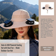 Solar & USB Powered Cooling Hat with Dual Fan - Khaki Outdoor Sun Hat V63-953261