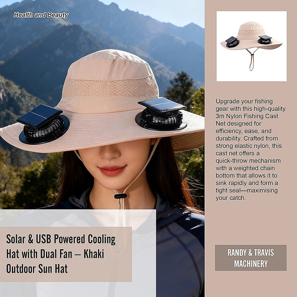 Solar & USB Powered Cooling Hat with Dual Fan - Khaki Outdoor Sun Hat V63-953261