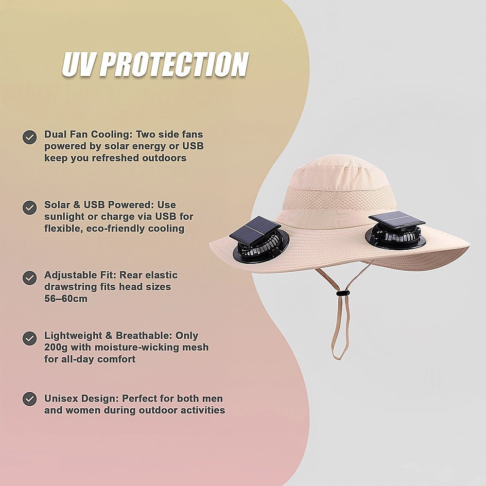 Solar & USB Powered Cooling Hat with Dual Fan - Khaki Outdoor Sun Hat V63-953261