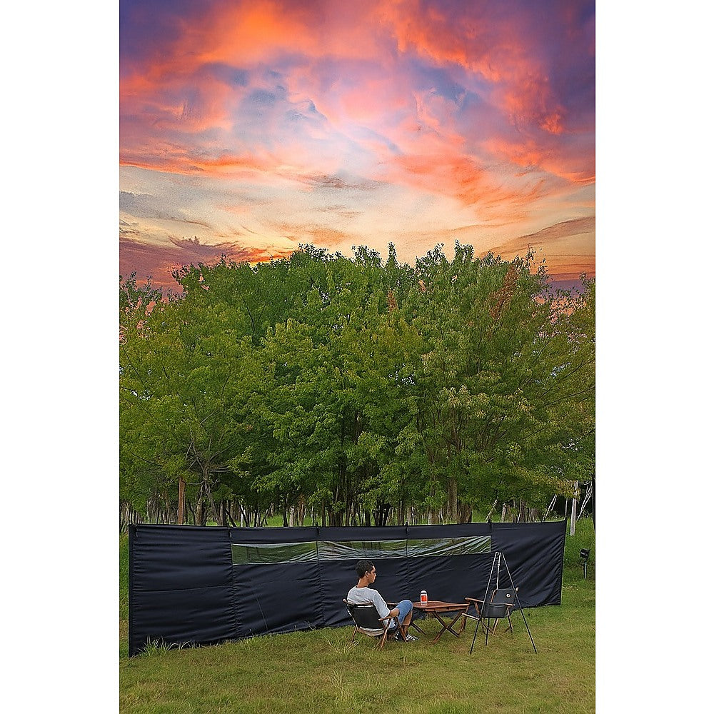Camping Windbreak with Clear Windows & Carry Bag 725x140cm Black Outdoor Privacy Shelter V63-953281