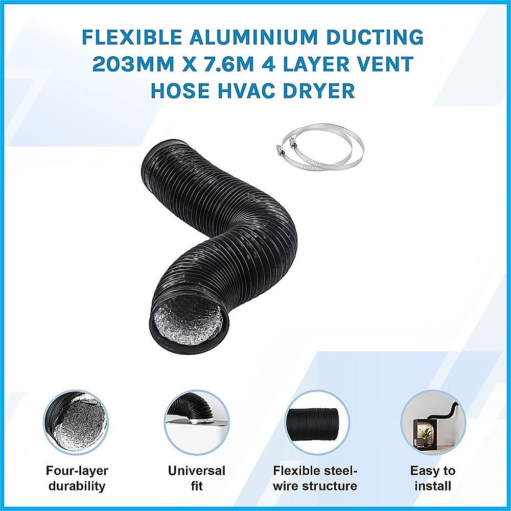 Flexible Aluminium Ducting 203mm x 7.6m 4 Layer Vent Hose HVAC Dryer V63-953311