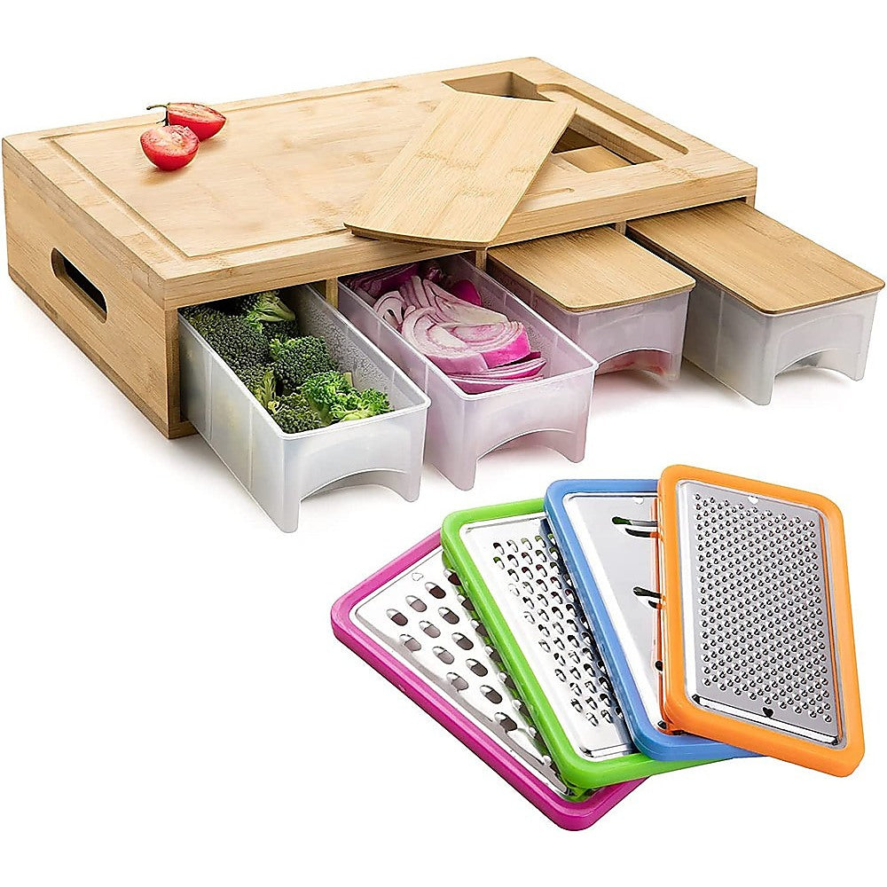 Bamboo Cutting Board Set with Graters and Containers Food Prep Station for Kitchen Organisation V63-953441