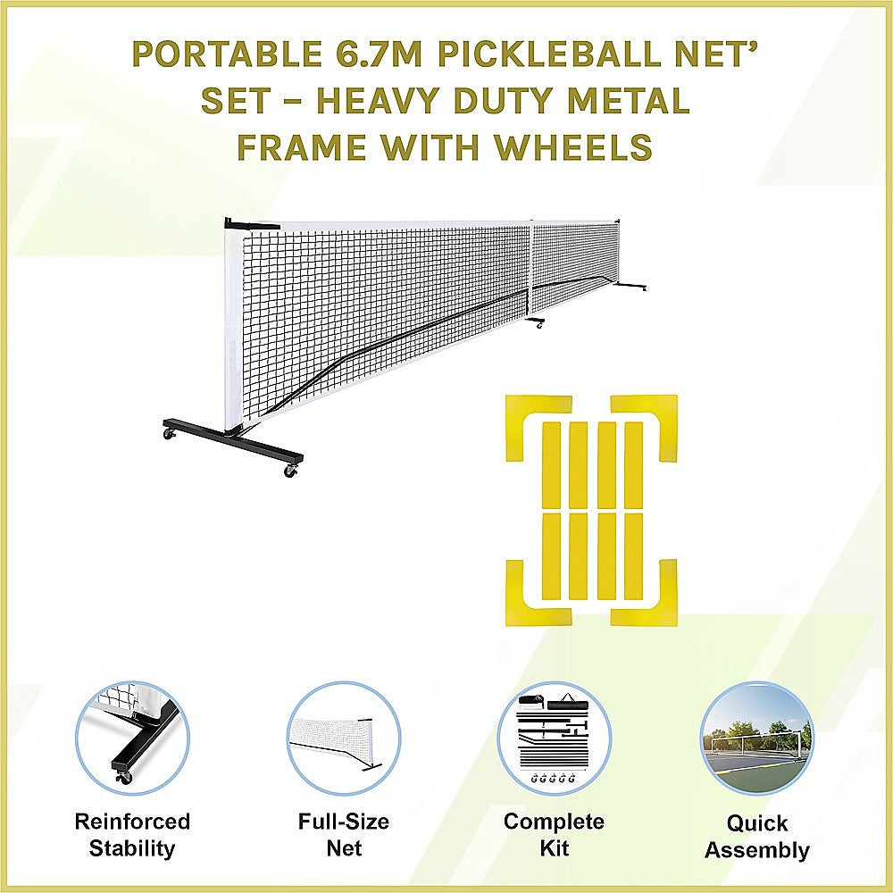 Portable 6.7m Pickleball Net Set - Heavy Duty Metal Frame with Wheels V63-953491