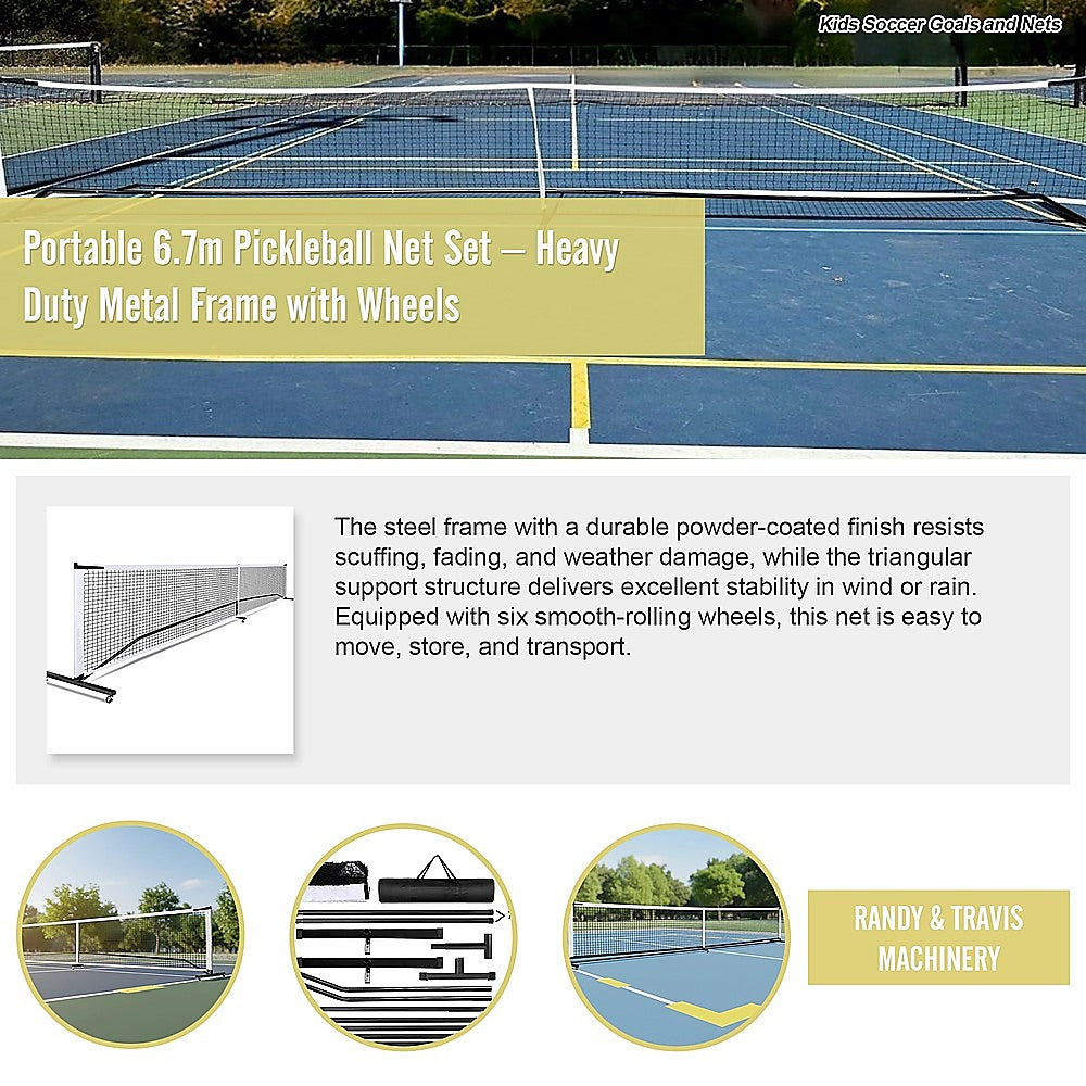 Portable 6.7m Pickleball Net Set - Heavy Duty Metal Frame with Wheels V63-953491