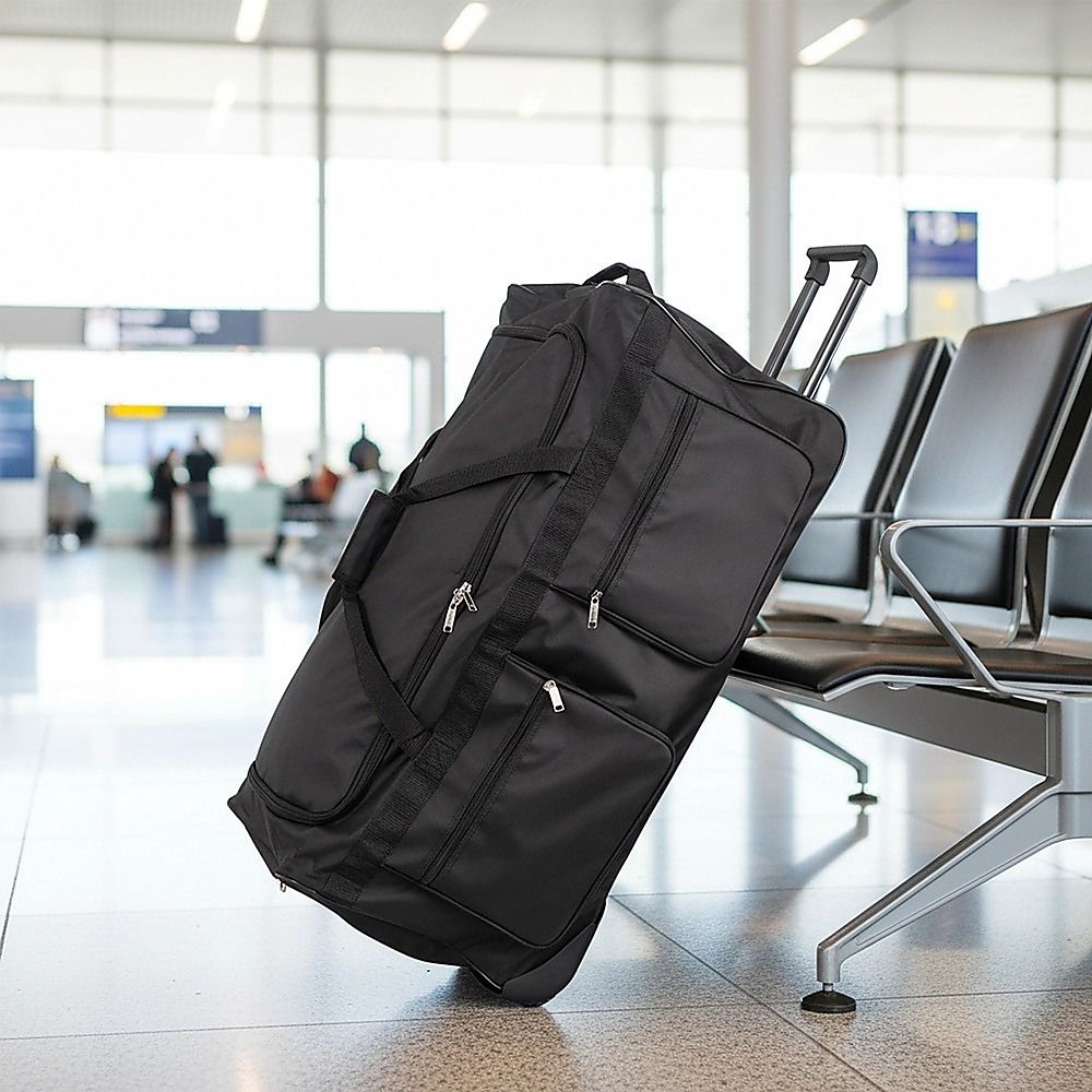 Large Black Wheeled Travel Duffle Bag Rolling Luggage Trolley for Sports and Getaways V63-953501