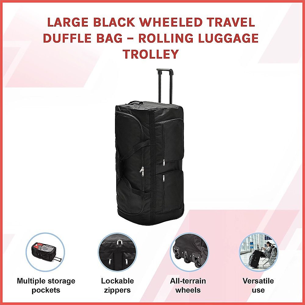 Large Black Wheeled Travel Duffle Bag Rolling Luggage Trolley for Sports and Getaways V63-953501