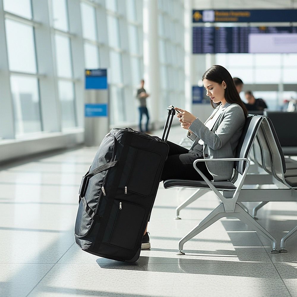 Large Black Wheeled Travel Duffle Bag Rolling Luggage Trolley for Sports and Getaways V63-953501