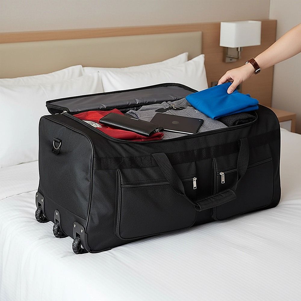 Large Black Wheeled Travel Duffle Bag Rolling Luggage Trolley for Sports and Getaways V63-953501