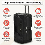 Large Black Wheeled Travel Duffle Bag Rolling Luggage Trolley for Sports and Getaways V63-953501