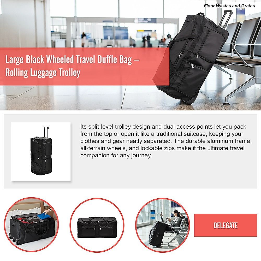 Large Black Wheeled Travel Duffle Bag Rolling Luggage Trolley for Sports and Getaways V63-953501