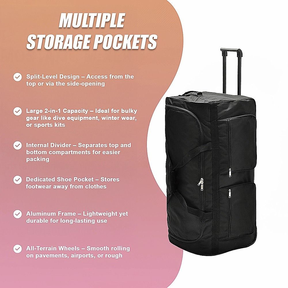 Large Black Wheeled Travel Duffle Bag Rolling Luggage Trolley for Sports and Getaways V63-953501