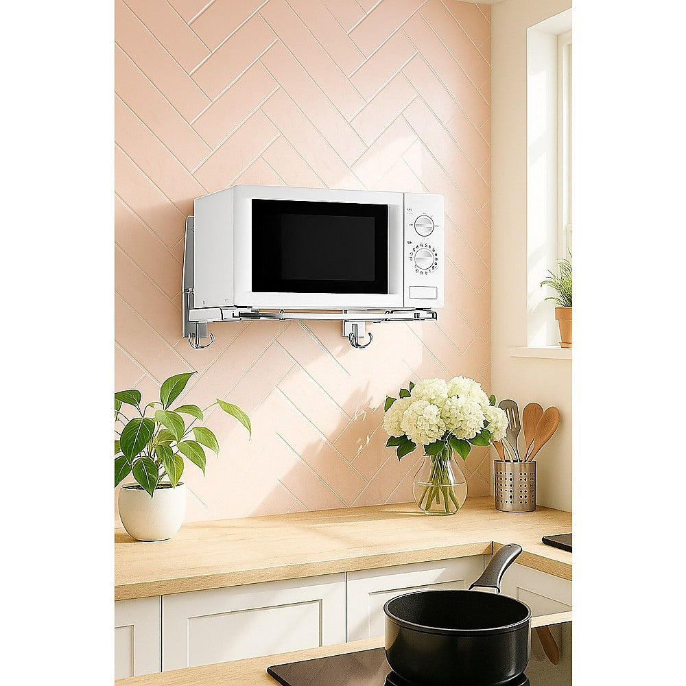 Stainless Steel Microwave Oven Wall Mount Bracket - Adjustable Shelf with Removable Hooks V63-953511