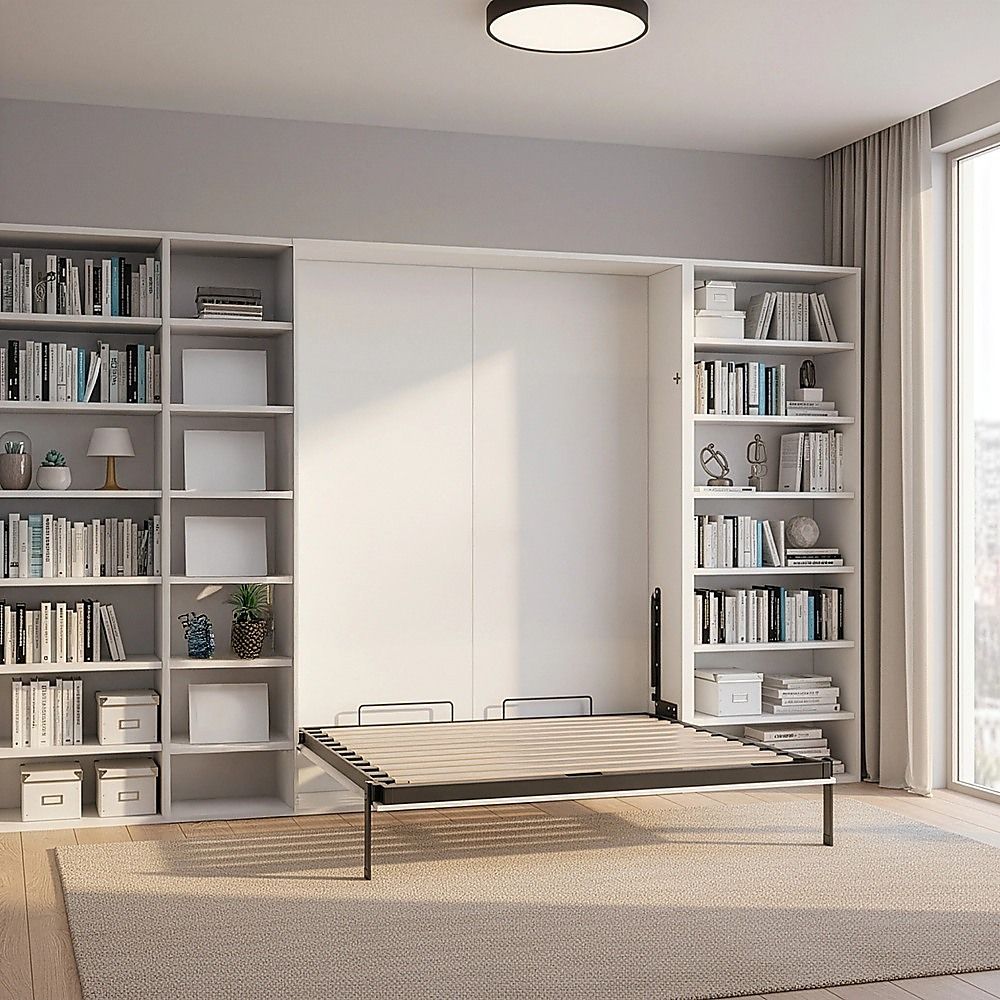 Double Wall Bed in White Gloss – Space Saving Murphy Bed Kit with Silver Door Handle