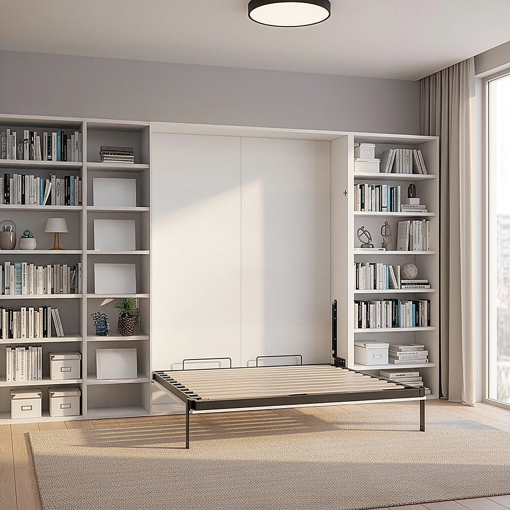 Double Wall Bed in White Gloss - Space Saving Murphy Bed Kit with Silver Door Handle V63-953701