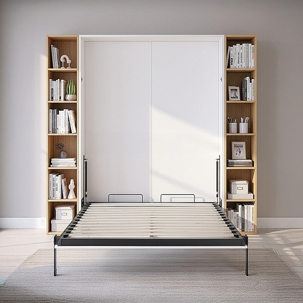 Double Wall Bed in White Gloss - Space Saving Murphy Bed Kit with Silver Door Handle V63-953701