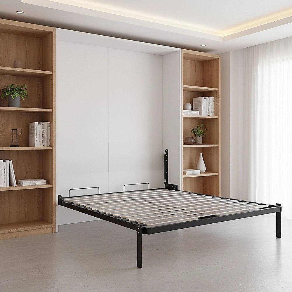 Double Wall Bed in White Gloss – Space Saving Murphy Bed Kit with Black Door Handle