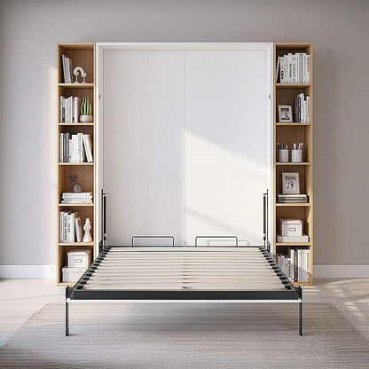 Double Wall Bed in White Gloss – Space Saving Murphy Bed Kit with Gold Door Handle