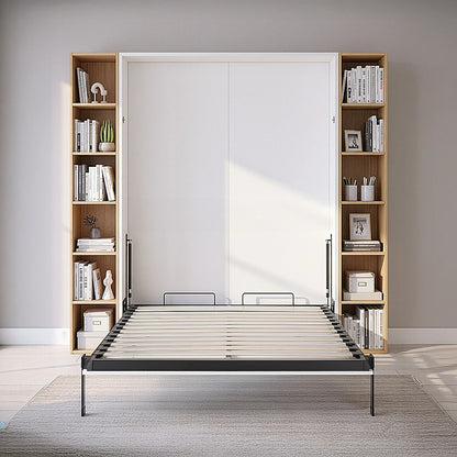 Double Wall Bed in White Gloss - Space Saving Murphy Bed Kit with Gold Door Handle V63-953721