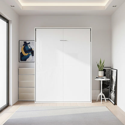 Double Wall Bed in White Gloss - Space Saving Murphy Bed Kit with Gold Door Handle V63-953721