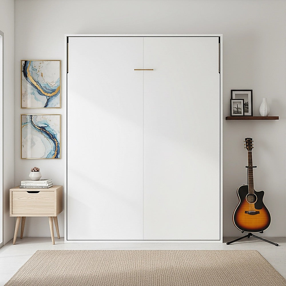 Double Wall Bed in White - Space Saving Murphy Bed Kit with Silver Door Handle V63-953731