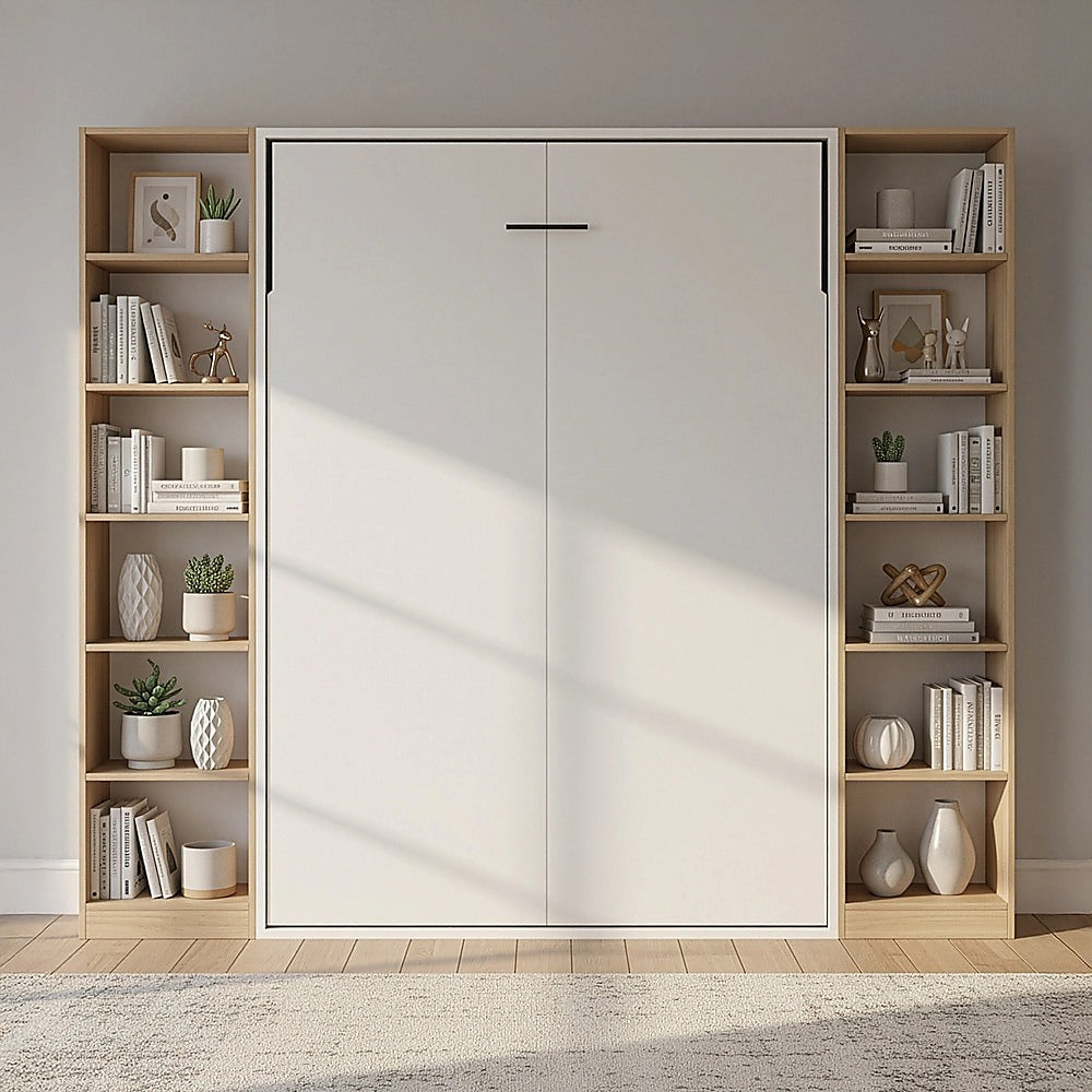Double Wall Bed in White - Space Saving Murphy Bed Kit with Black Door Handle V63-953741