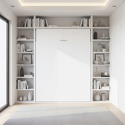 Queen Wall Bed in White Gloss - Space Saving Murphy Bed Kit with Black Door Handle V63-953771