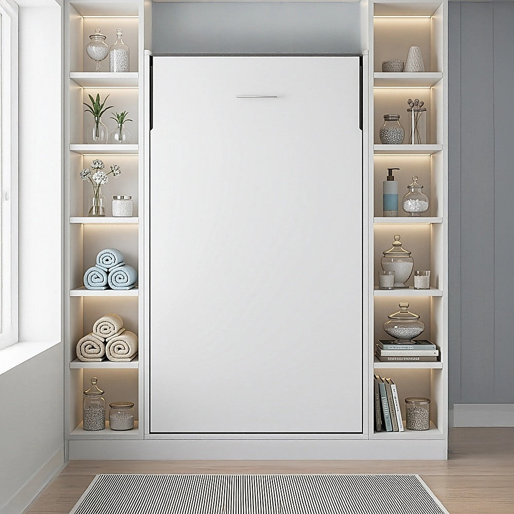 Single Wall Bed in White Gloss - Space Saving Murphy Bed Kit with Black Door Handle V63-953801