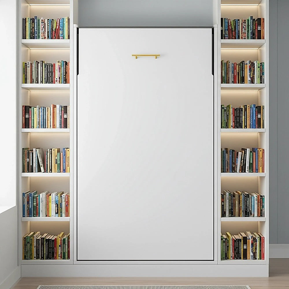 Single Wall Bed in White Gloss - Space Saving Murphy Bed Kit with Gold Door Handle V63-953811