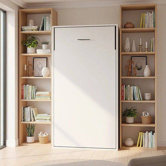 Single Wall Bed in White – Space Saving Murphy Bed Kit with Silver Door Handle