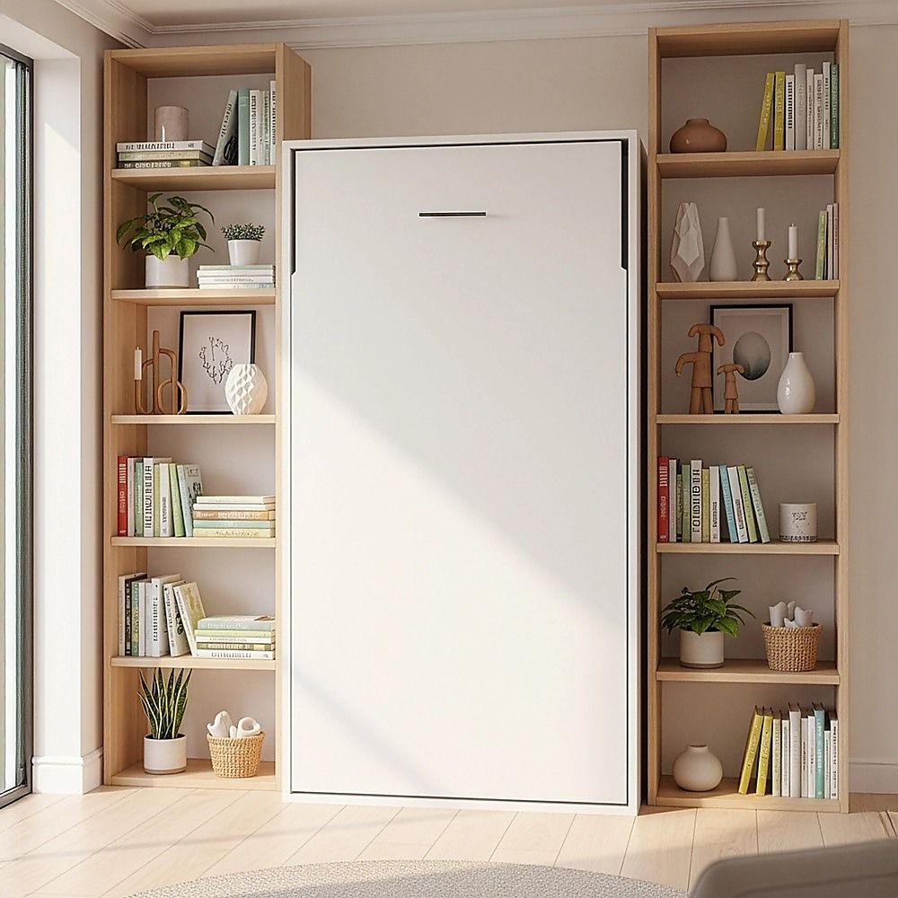 Single Wall Bed in White – Space Saving Murphy Bed Kit with Black Door Handle