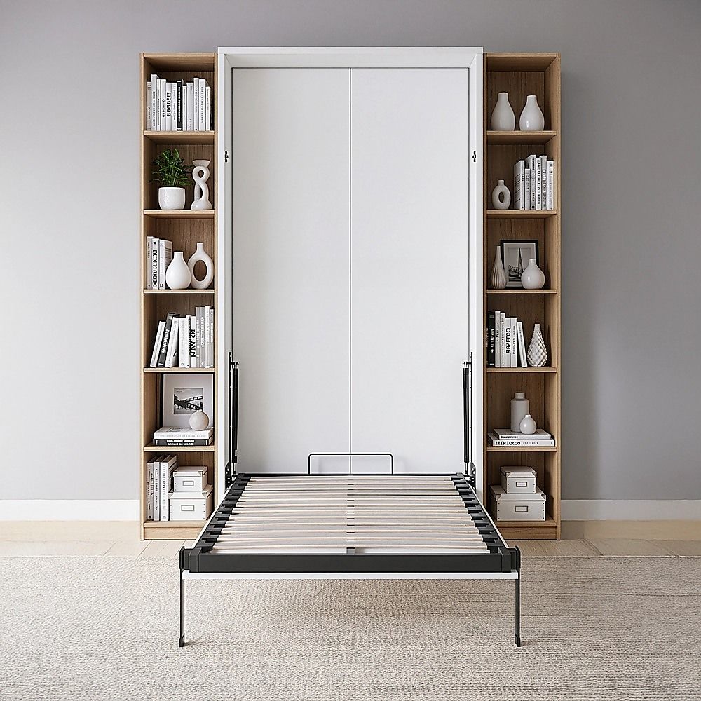 Single Wall Bed in White – Space Saving Murphy Bed Kit with Black Door Handle