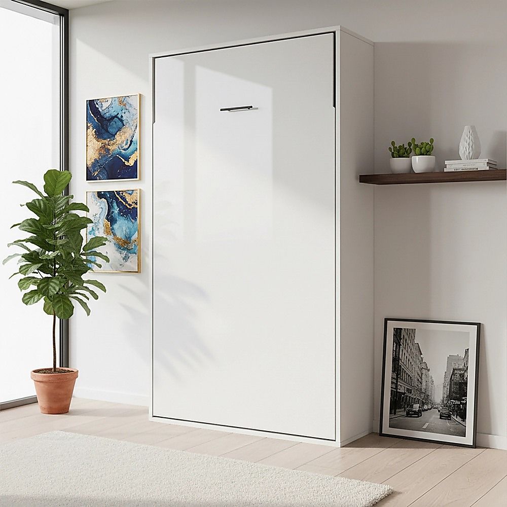 King-single Wall Bed in White Gloss – Space Saving Murphy Bed Kit with Silver Door Handle