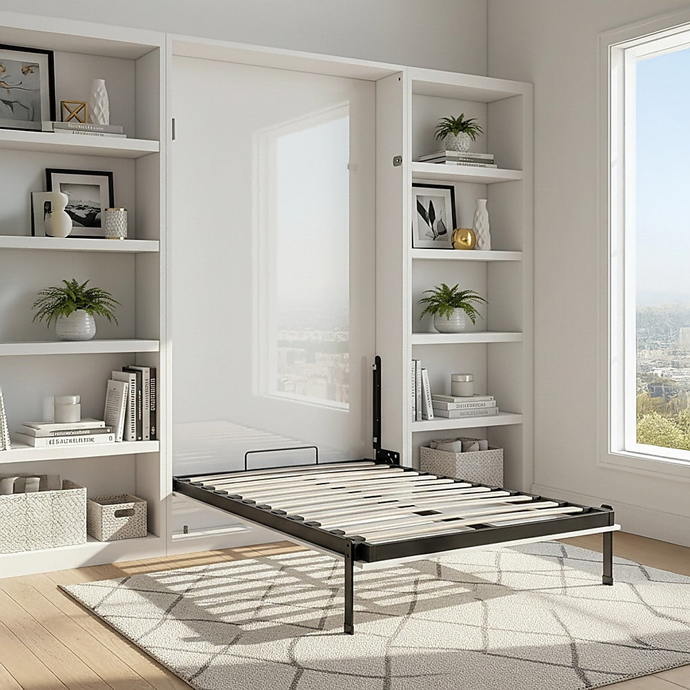 King-single Wall Bed in White Gloss - Space Saving Murphy Bed Kit with Black Door Handle V63-953861