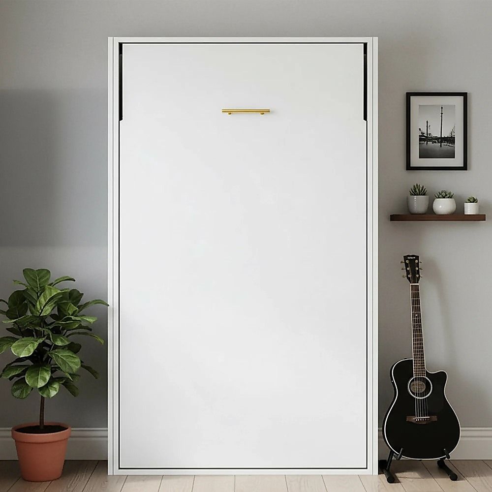 King-single Wall Bed in White Gloss – Space Saving Murphy Bed Kit with Gold Door Handle