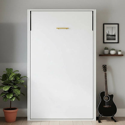 King-single Wall Bed in White Gloss – Space Saving Murphy Bed Kit with Gold Door Handle