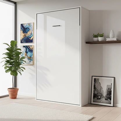 King-single Wall Bed in White Gloss - Space Saving Murphy Bed Kit with Gold Door Handle V63-953871