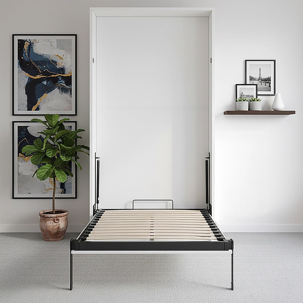 King-single Wall Bed in White - Space Saving Murphy Bed Kit with Silver Door Handle V63-953881