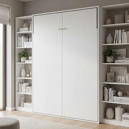 Queen Wall Bed in White – Space Saving Murphy Bed Kit with Black Door Handle