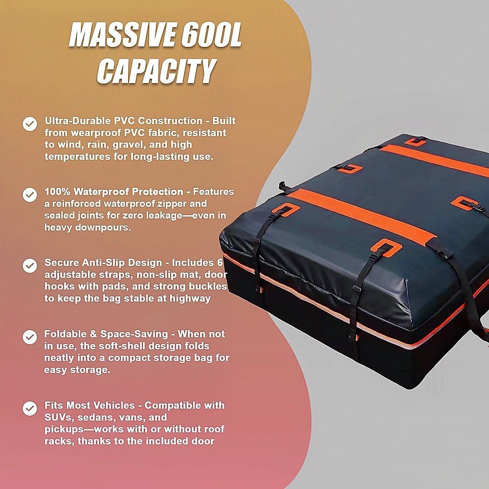 600L Car Roof Bag Cargo Carrier - Large Waterproof Rooftop Luggage Rack Storage V63-953991
