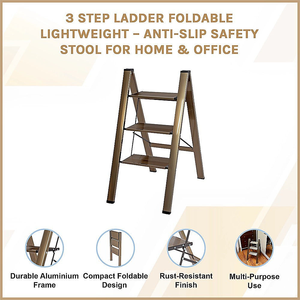 3 Step Ladder Foldable Lightweight - Anti-Slip Safety Stool for Home & Office V63-954011